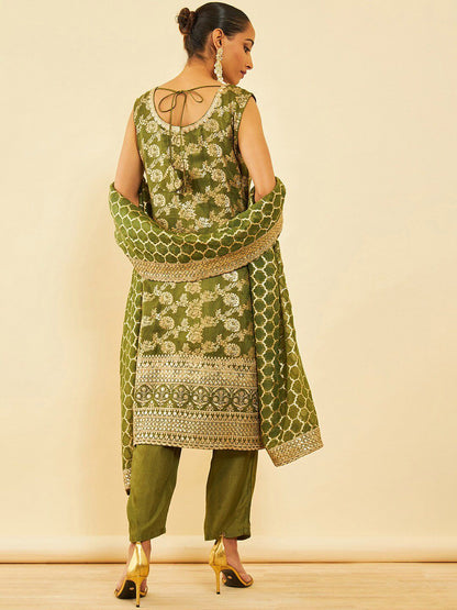 Dhiyona SO Women's Women Ethnic Motifs Woven Design Straight Sequinned Kurta with Trousers & Dupatta