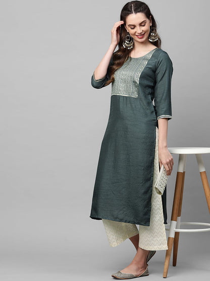 Dhiyona IE Women Charcoal Grey Ethnic Motifs Yoke Design Straight Kurta