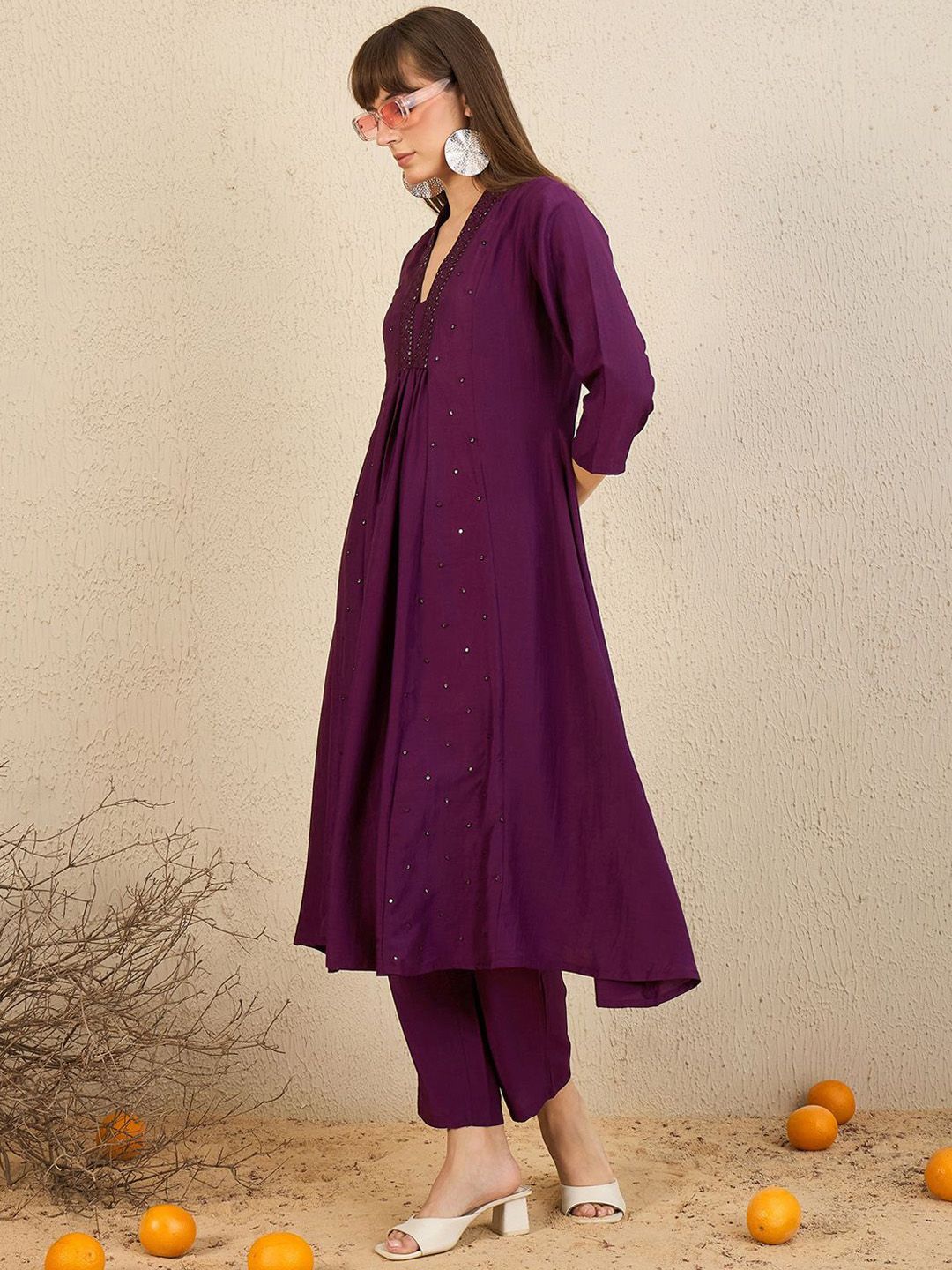 Embroidered Panelled Sequinned A-Line Kurta with Trousers