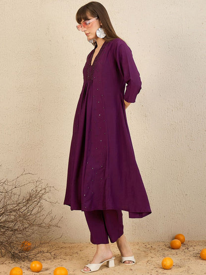 Embroidered Panelled Sequinned A-Line Kurta with Trousers