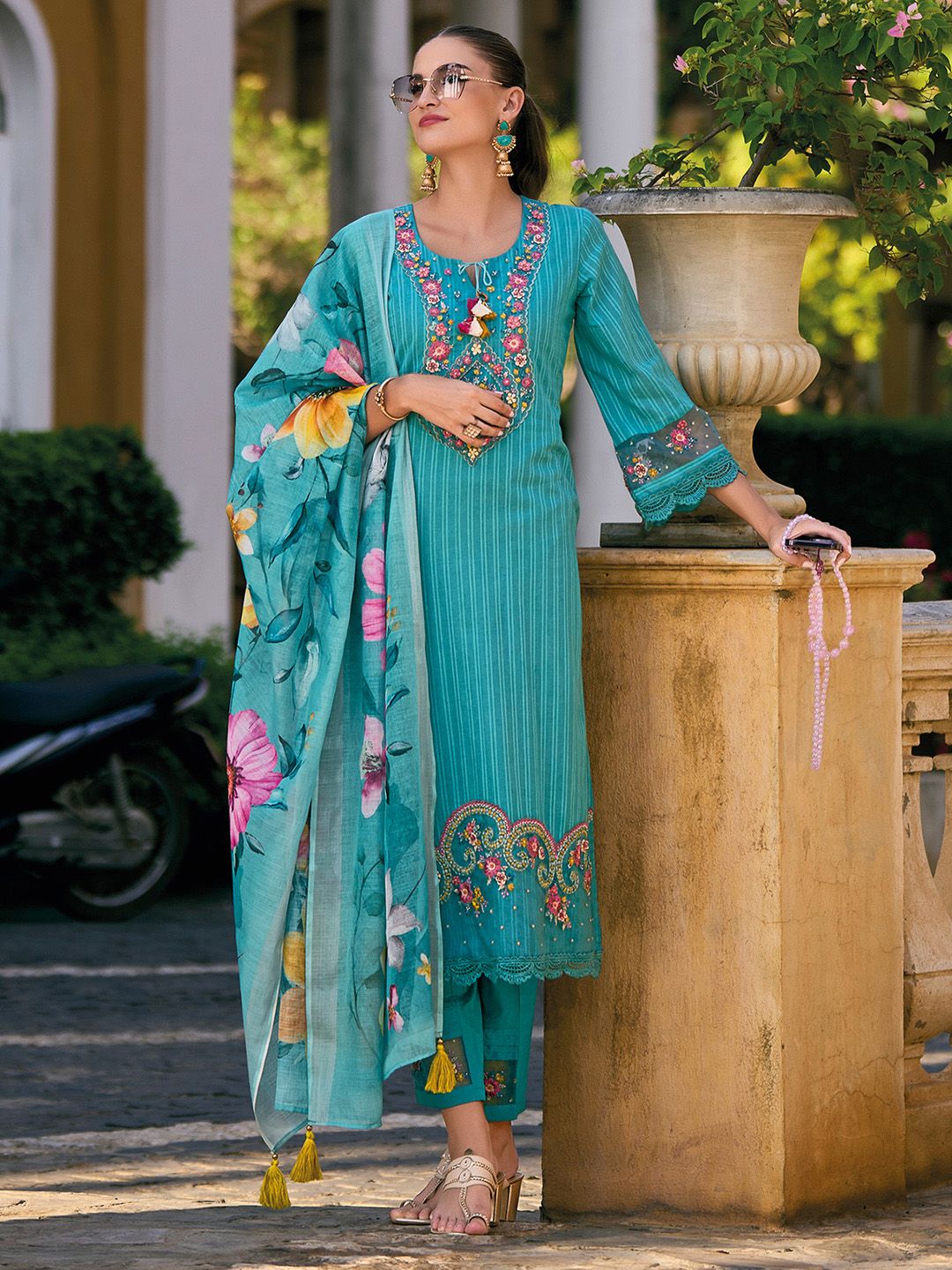 Dhiyona IE Floral Embroidered Pure Cotton Straight Kurta with Trousers & Dupatta