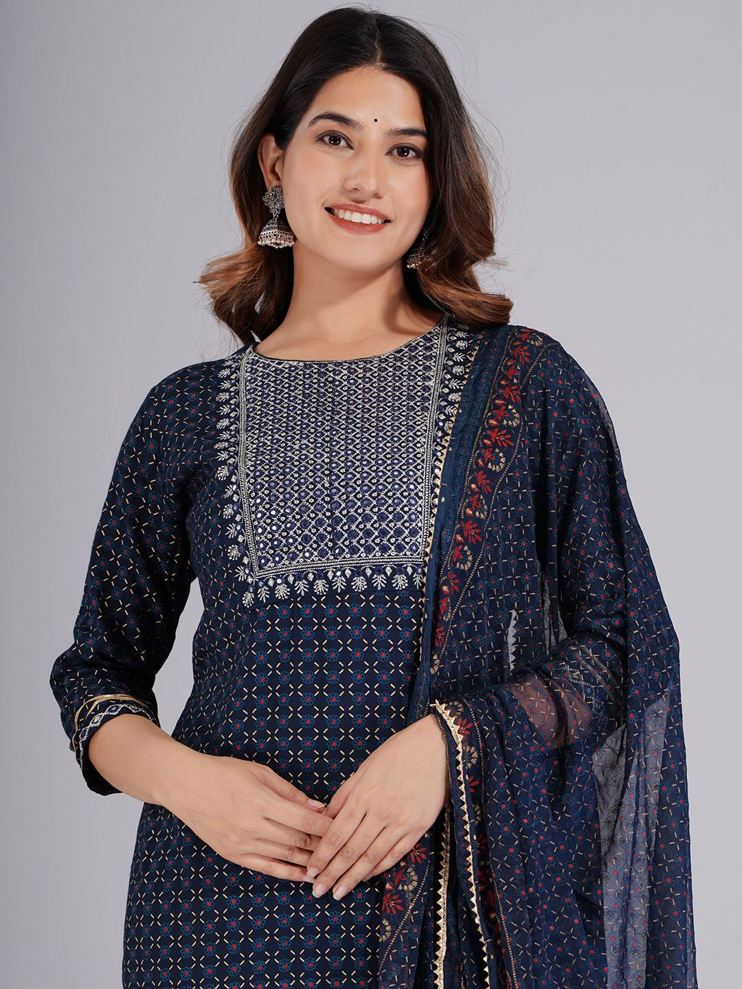 Dhiyona KL Ethnic Motifs Printed Mirror Work Kurta With Trousers & Dupatta