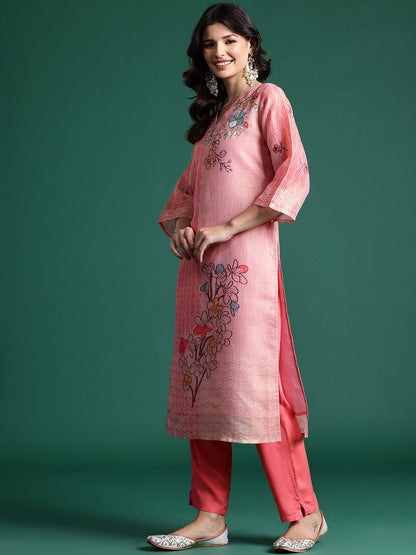 Dhiyona IE Floral Printed Sequinned Kurta With Trousers & Dupatta