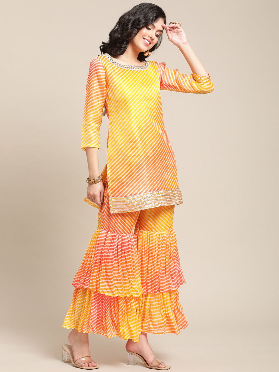 Dhiyona VA Women's Yellow Printed Gotta Patti Kurti with Sharara & Dupatta