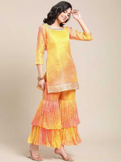 Dhiyona VA Women's Yellow Printed Gotta Patti Kurti with Sharara & Dupatta