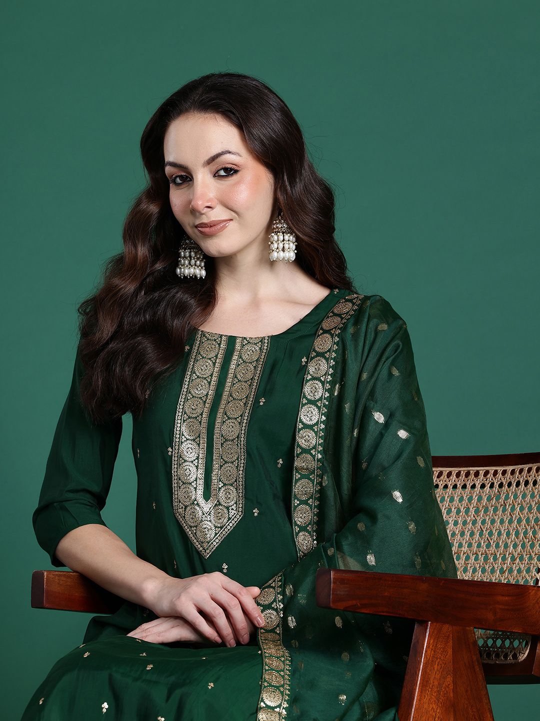 Ethnic Motifs Embroidered Regular Kurta with Trousers & Dupatta