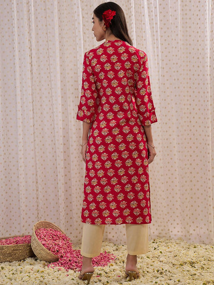 Dhiyona IE Floral Printed Mandarin Collar Three-Quarter Sleeves Kurta