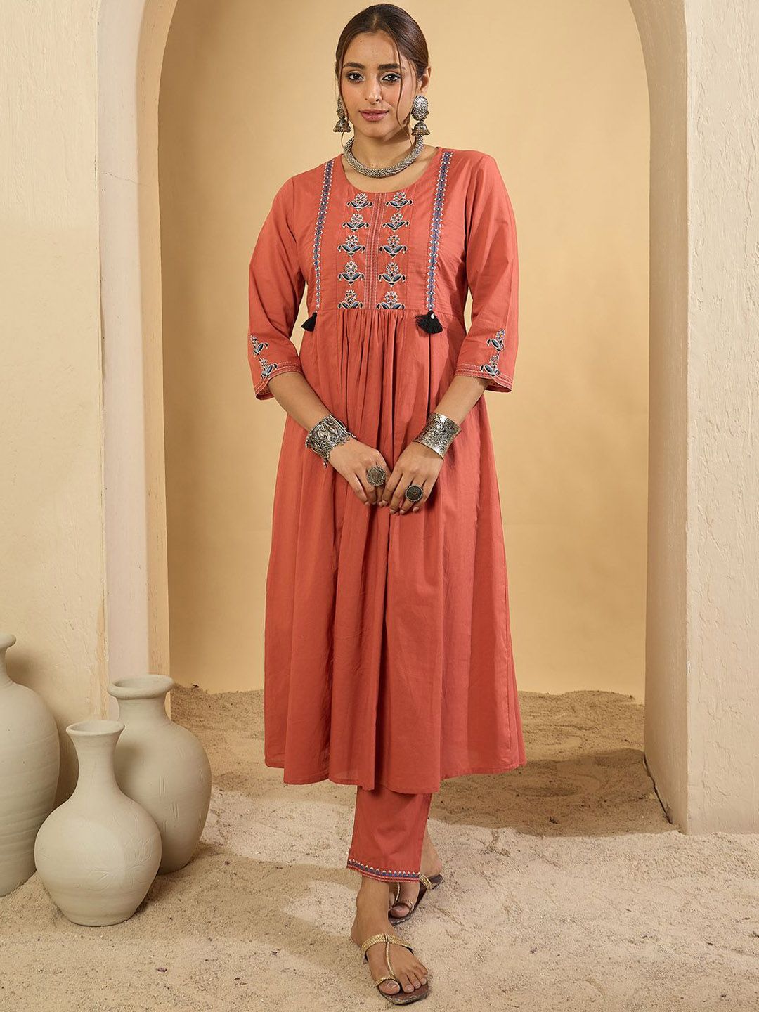Women Floral Embroidered Regular Pure Cotton Kurta with Trousers & Dupatta