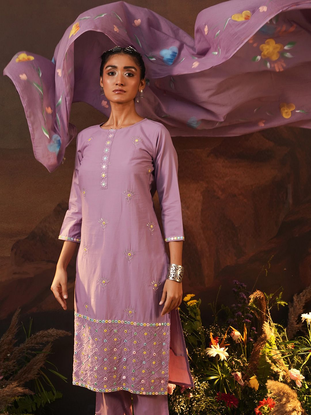 Dhiyona IS Women's Ethnic Motifs Embroidered Thread Work Pure Cotton Kurta with Trousers & Dupatta
