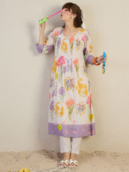 Floral Printed A-Line Pure Cotton Kurta With Trousers