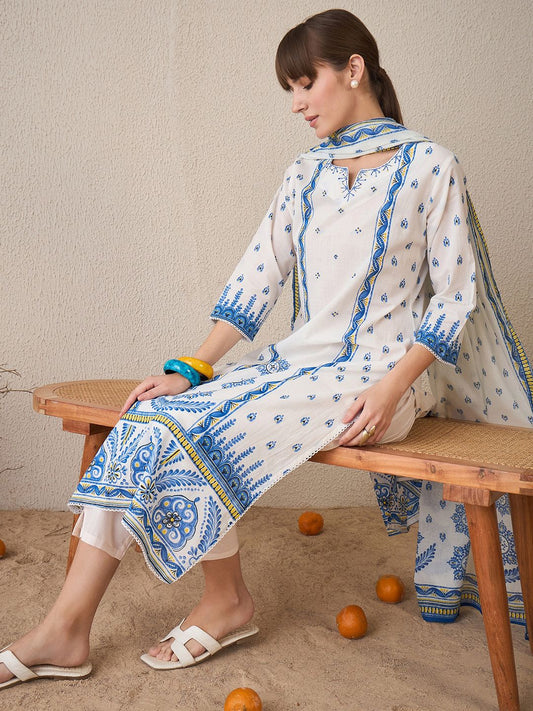 Dhiyona IE Floral Printed Pure Cotton Straight Kurta With Trousers & Dupatta