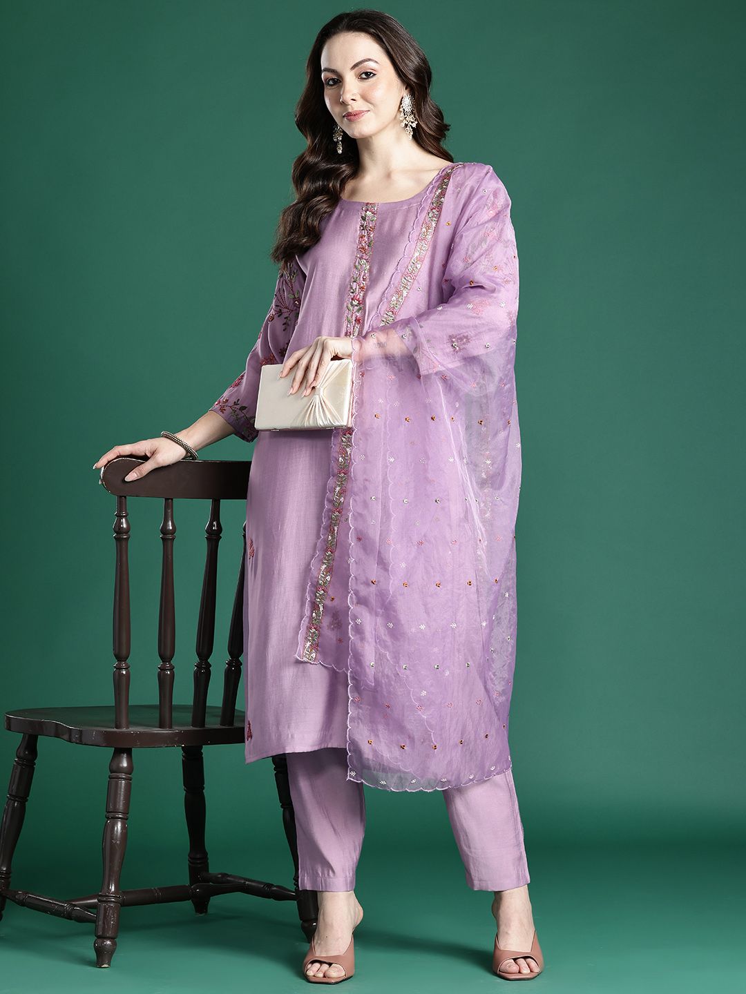 Floral Embroidered Kurta with Trousers & Dupatta
