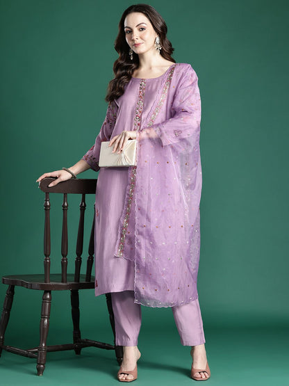 Floral Embroidered Kurta with Trousers & Dupatta