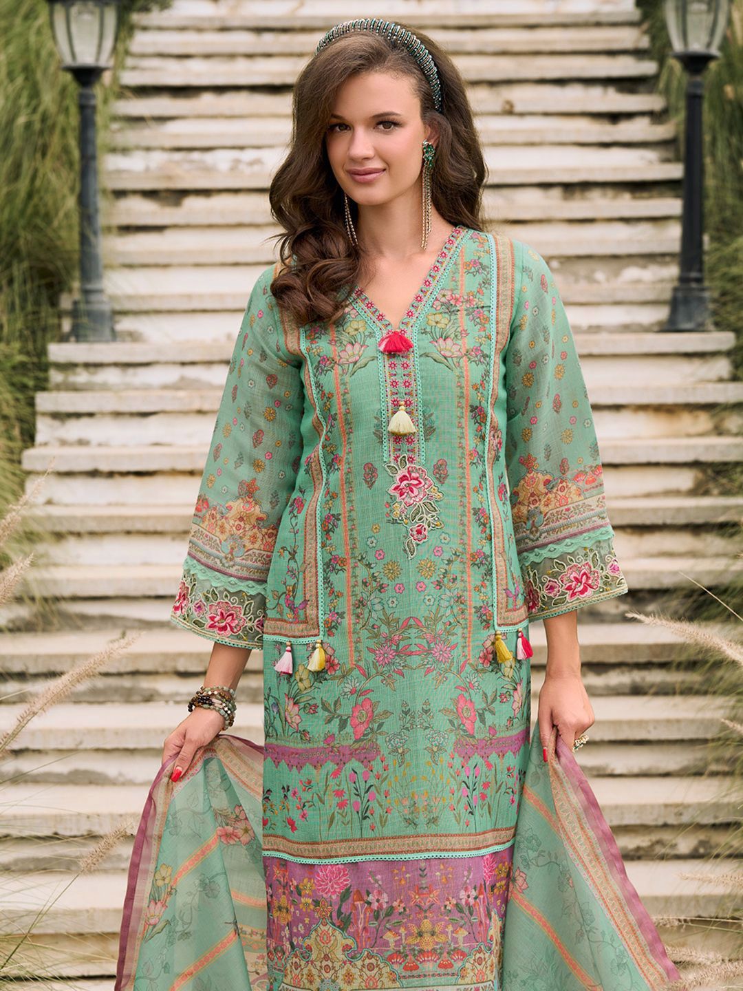 Dhiyona IE Floral Printed Sequinned Linen Kurta With Trousers And Dupatta