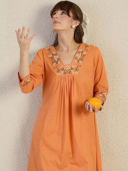 Dhiyona IE Embroidered Pure Cotton V-Neck Top With Trousers Co-Ords
