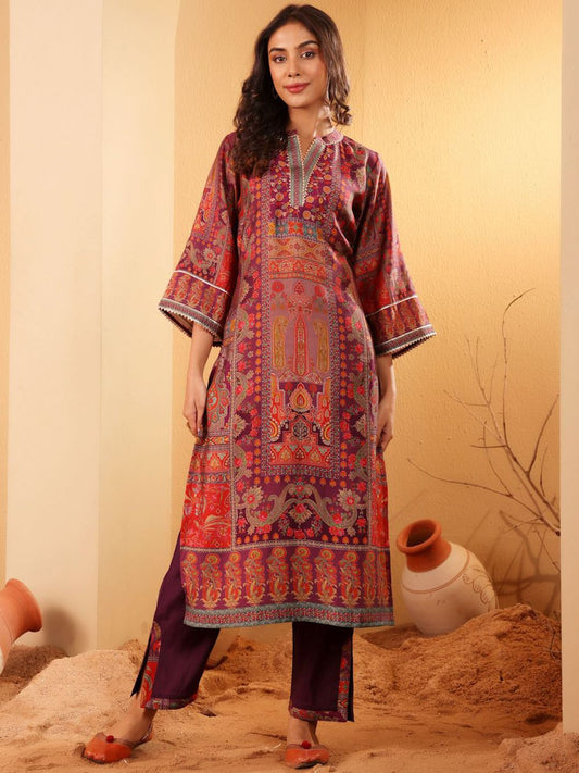 Dhiyona VA Women'sEthnic Motifs Printed Mandarin Collar Gotta Patti Chanderi Silk Kurta & Trousers