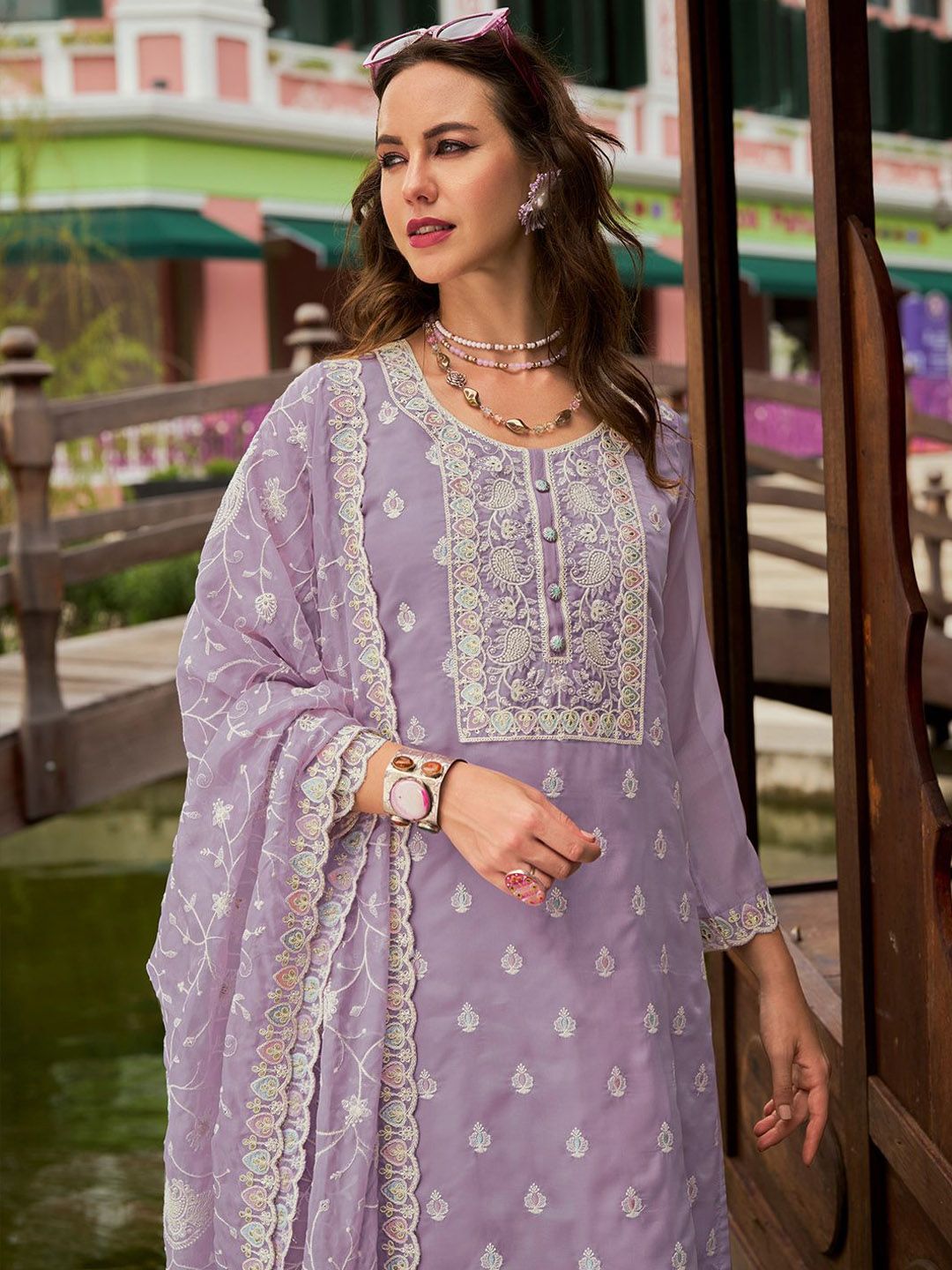 Dhiyona IE Floral Embroidered Round Neck Mirror Work Organza Kurta & Trouser & Dupatta