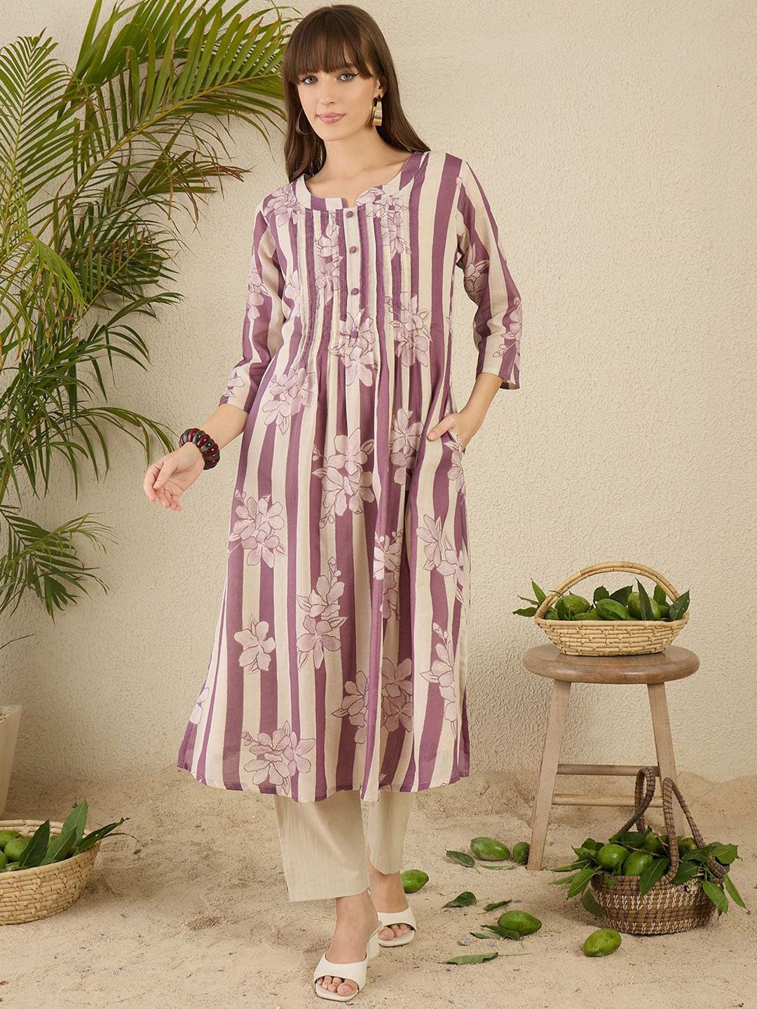 Floral Screen Printed Notch Neck A-Line Pure Cotton Kurta With Trousers