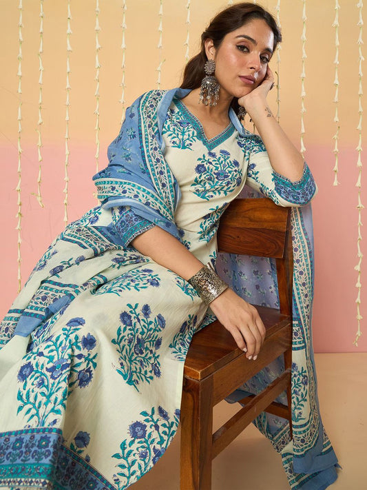 Women Floral Printed Regular Pure Cotton Kurta with Trousers & With Dupatta