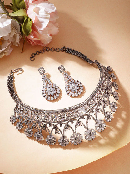Dhiyona RJ Women's Silver-Plated Floral Design with AAA CZ Studded Jewellery Set
