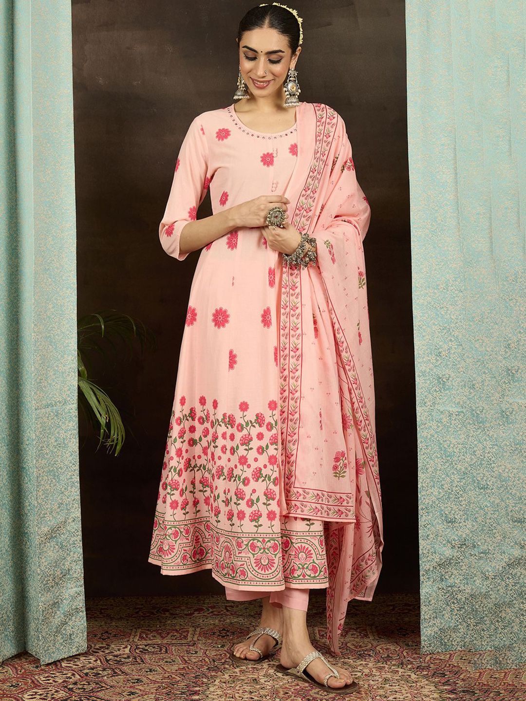Floral Printed Round Neck Pure Cotton Anarkali Kurta With Trousers & Dupatta