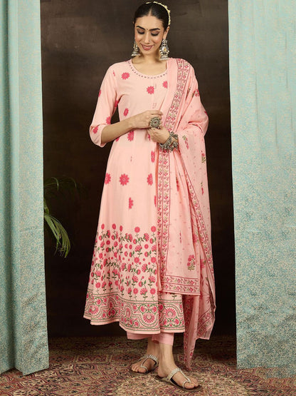 Floral Printed Round Neck Pure Cotton Anarkali Kurta With Trousers & Dupatta