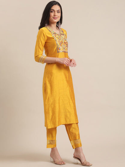 Dhiyona VA Women's Mustard Yellow Floral Embroidered Empire Thread Work Kurta with Trousers & With Dupatta