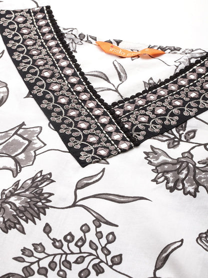 Floral Printed Mirror Work Pure Cotton Kurta With Trousers & Dupatta