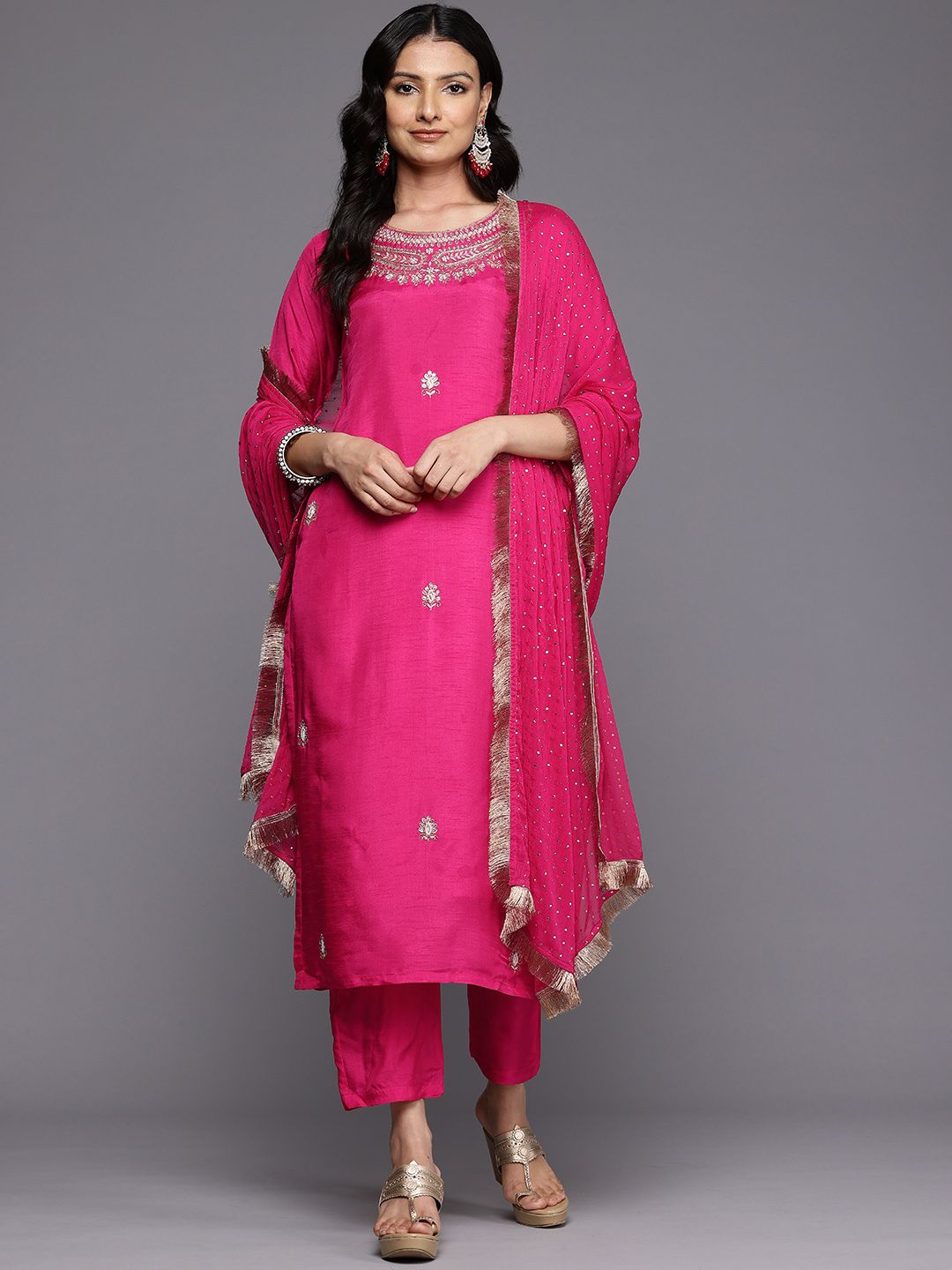 Dhiyona VA Women's Ethnic Motifs Zardozi Embroidered Kurta Trousers, and Dupatta