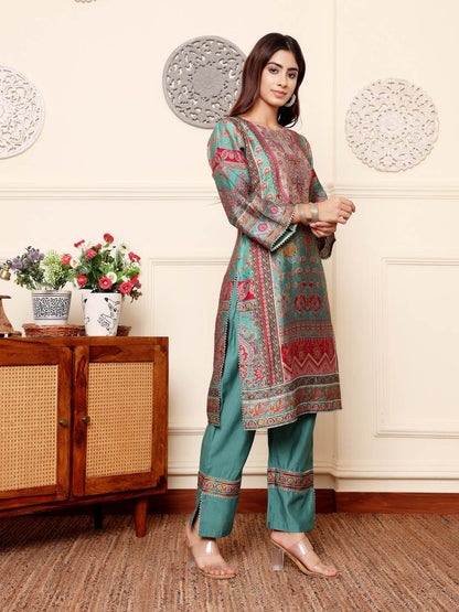 Dhiyona VA Women'sEthnic Motifs Printed Chanderi Silk Tunic With Trousers