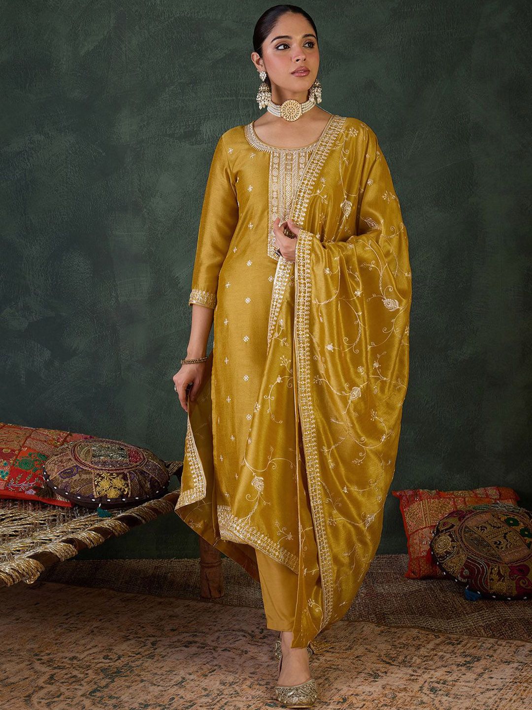 Women Embroidered Regular Sequinned Kurta with Trousers & Dupatta