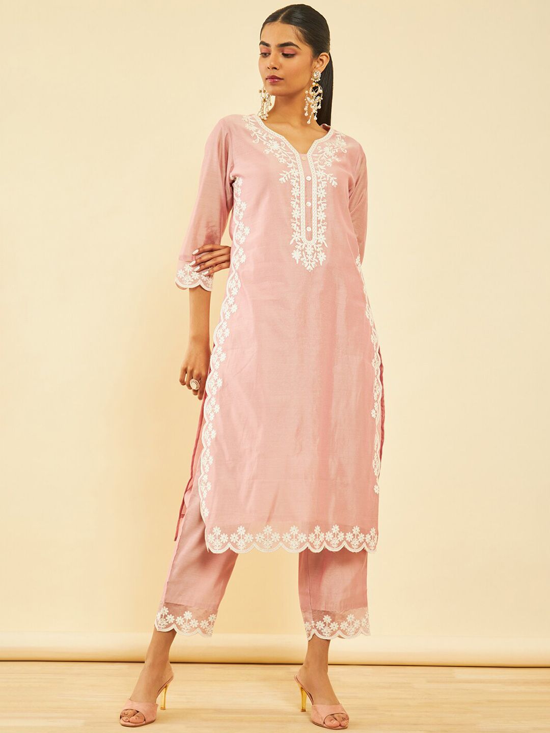 Dhiyona SO Women's Ethnic Motifs Embroidered Regular Chanderi Silk Kurta with Trousers & Dupatta