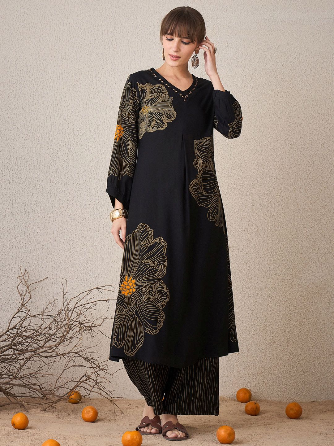 Floral Printed V-Neck Beads & Stones Straight Kurta With Trouser