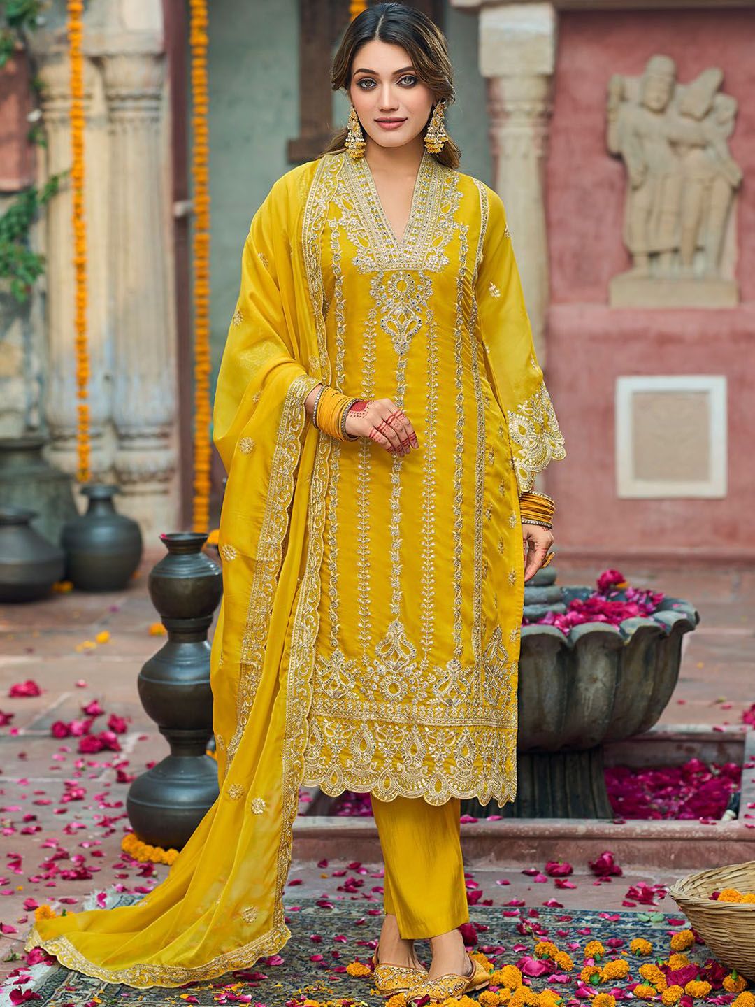 Floral Embroidered V-Neck Zari Organza Kurta With Trousers And Dupatta