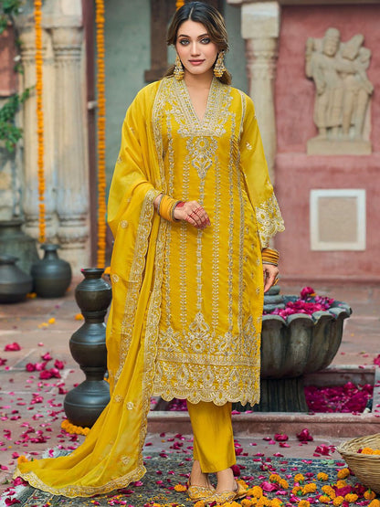 Floral Embroidered V-Neck Zari Organza Kurta With Trousers And Dupatta