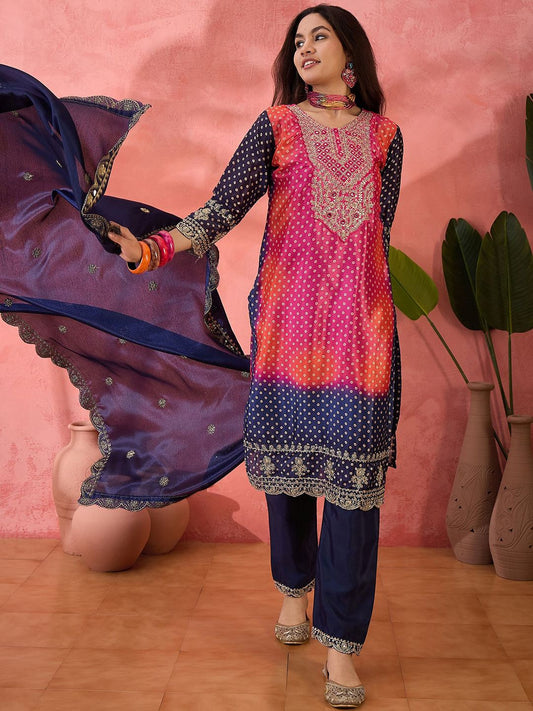 Dhiyona SN Women's Bandhani Printed with Embroidered Kurta With Trousers & Dupatta