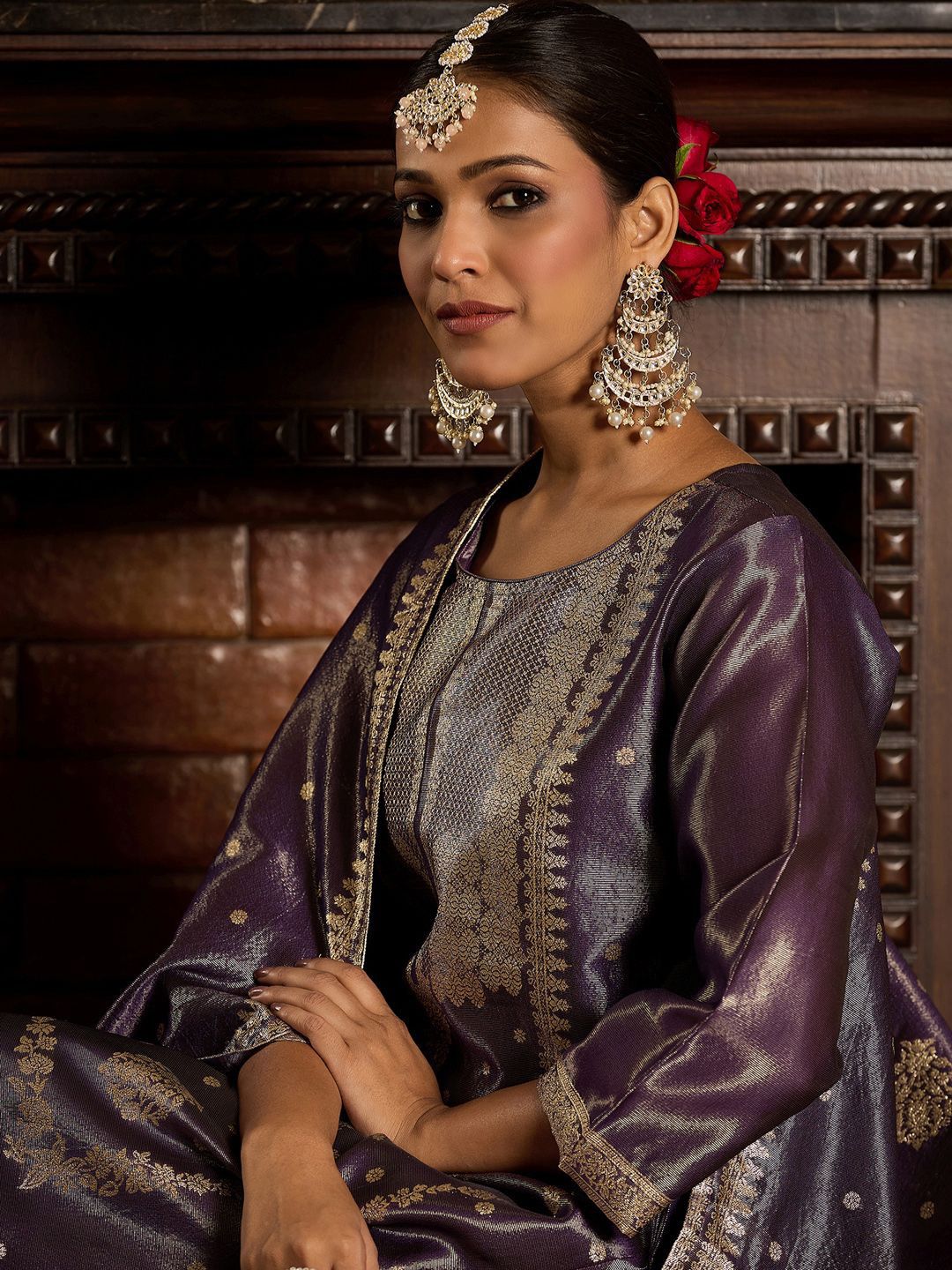 Ethnic Motifs Woven Design Zari Straight Kurta With Trousers & Dupatta