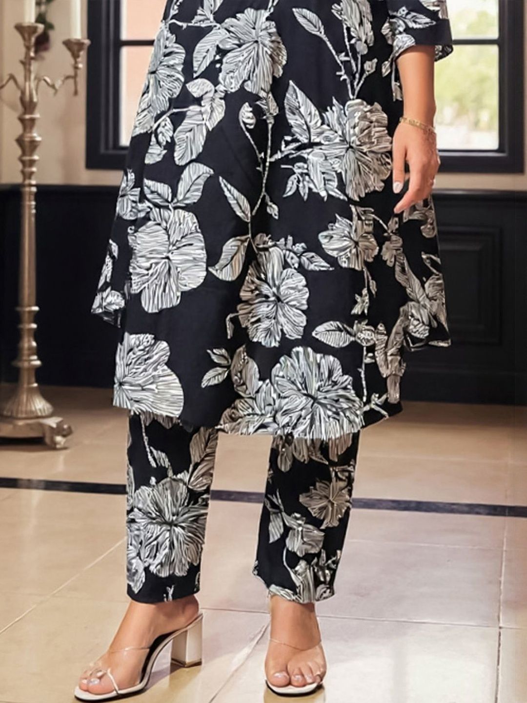 Floral Printed Pure Cotton A Line Kurta With Trousers
