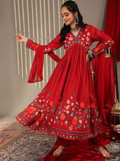 Dhiyona VA Women'sFloral Printed V-Neck Empire A-Line Kurta & Trousers With Dupatta