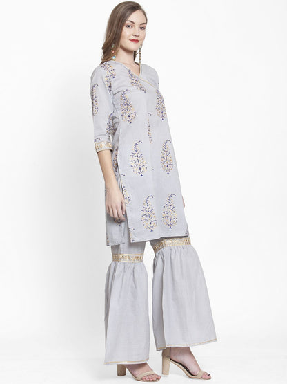 Dhiyona VA Women's Grey Printed Kurta with Sharara