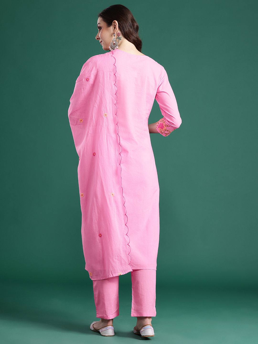 Floral Embroidered Pure Cotton Kurta with Trousers & Dupatta