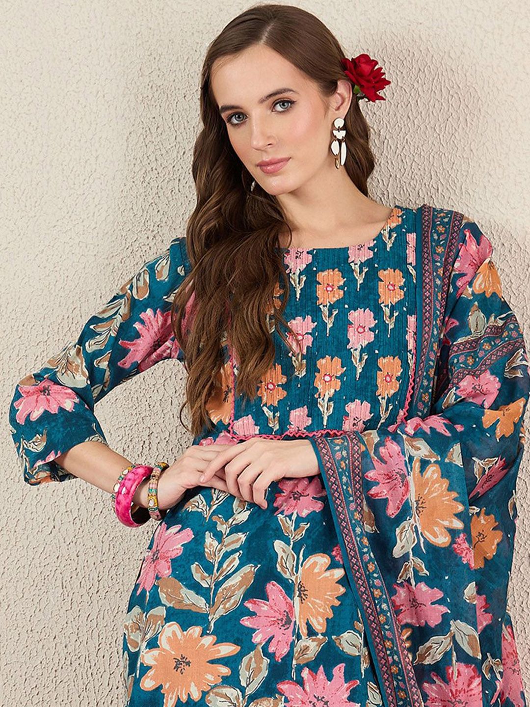 Dhiyona IE Women Floral Printed Cotton Kurta with Trousers & Dupatta