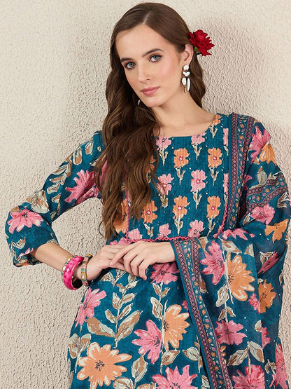 Women Floral Printed Cotton Kurta with Trousers & Dupatta