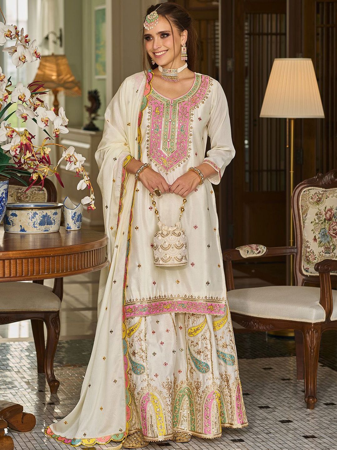 Paisley Embroidered Sequinned Straight Kurta With Sharara And Dupatta
