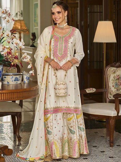 Paisley Embroidered Sequinned Straight Kurta With Sharara And Dupatta