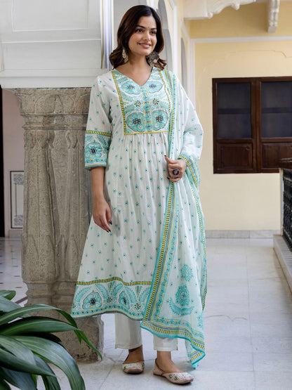 Dhiyona IE Floral Printed V-Neck Pleated Pure Cotton A-Line Kurta With Trouser And Dupatta