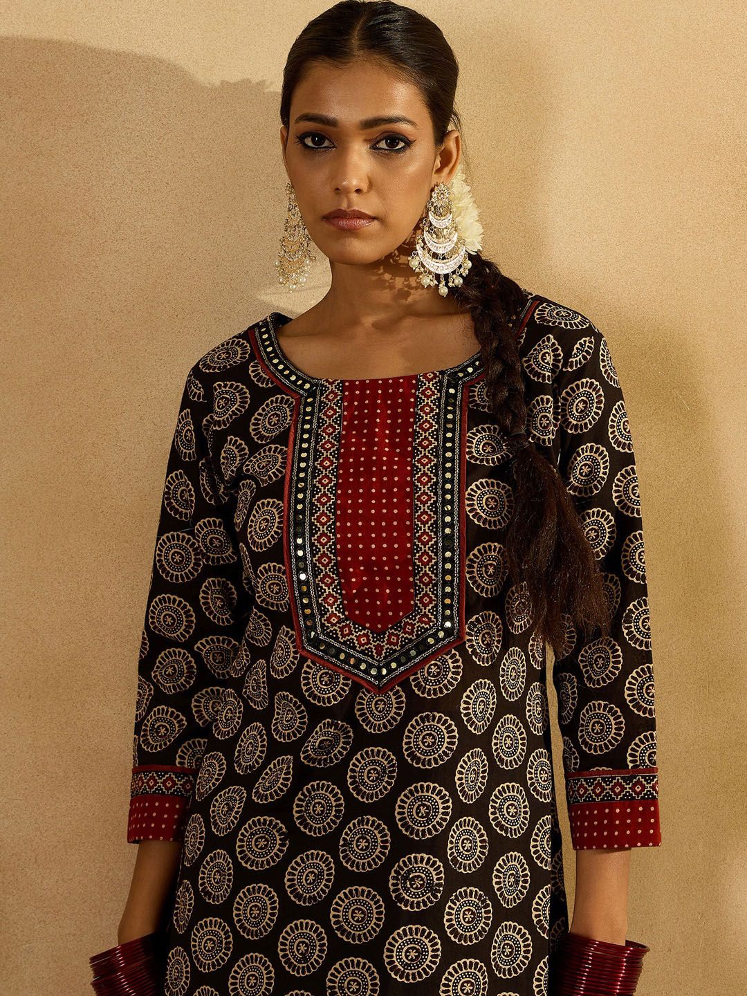 Black Geometric Printed Round Neck Pure Cotton Straight Kurta Set