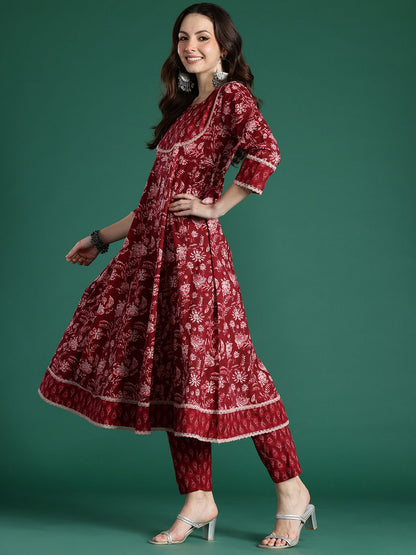 Dhiyona IE Women Floral Printed Pure Cotton Kurta With Trousers & Dupatta