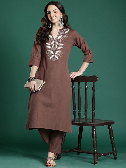 Dhiyona IE Floral Embroidered Pure Cotton Kurta with Trousers