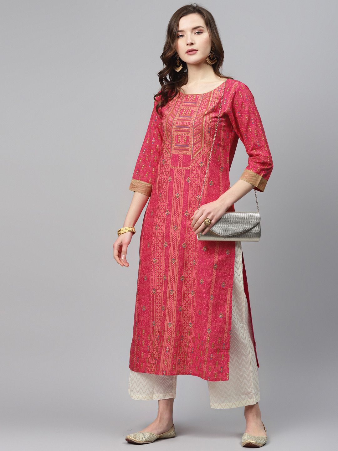 Dhiyona IE Women Pink & Peach-Coloured Foil Print Straight Kurta